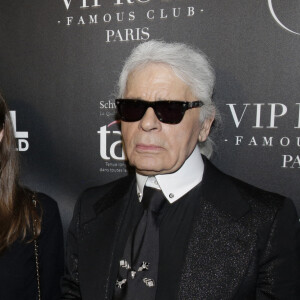 Baptiste Giabiconi, Marie-Ange Casta et Karl Lagerfeld lors de la Giabiconi Style Party qui s'est tenue à la boîte de nuit VIP Room à Paris, le 28 février 2015. Jérôme Domine/ABACAPRESS.COM