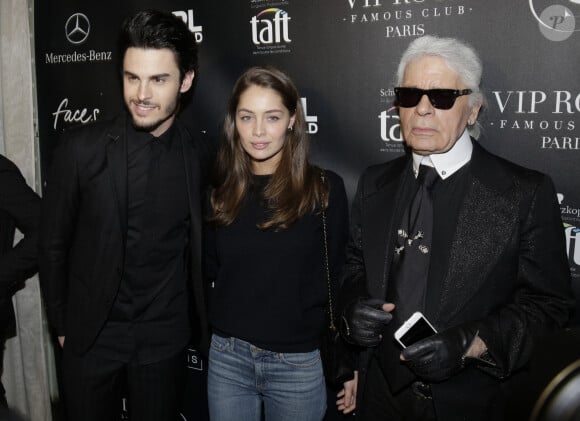 Baptiste Giabiconi, Marie-Ange Casta et Karl Lagerfeld lors de la Giabiconi Style Party qui s'est tenue à la boîte de nuit VIP Room à Paris, le 28 février 2015. Jérôme Domine/ABACAPRESS.COM