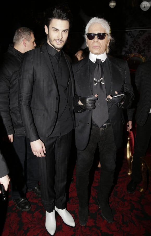 Baptiste Giabiconi et Karl Lagerfeld lors de la Giabiconi Style Party qui s'est tenue au VIP Room à Paris, le 28 février 2015. Jérôme Domine/ABACAPRESS.COM