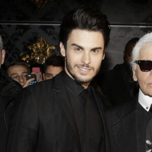 Baptiste Giabiconi et Karl Lagerfeld lors de la Giabiconi Style Party qui s'est tenue au VIP Room à Paris, le 28 février 2015. Jérôme Domine/ABACAPRESS.COM