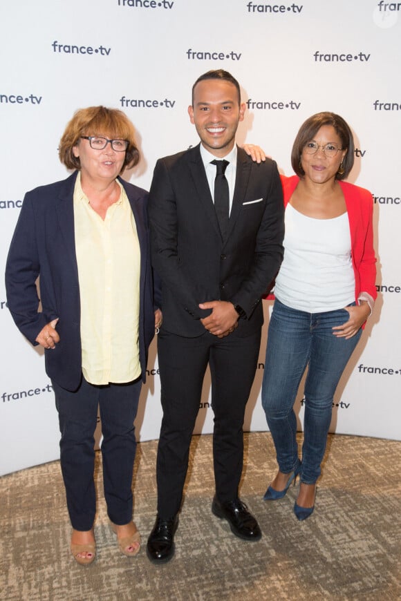 Nathalie Saint-Cricq, Mohamed Bouhafsi et Karine Baste lors de la conférence de presse de France Télévision au Pavillon Gabriel à Paris. Nasser Berzane/ABACAPRESS.COM