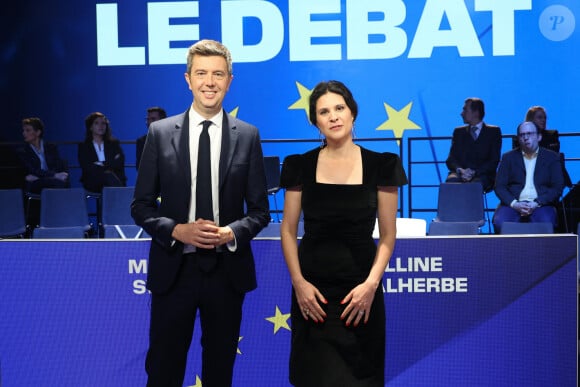 Maxime Switek et Apolline de Malherbe - Elections européennes 2024 : débat entre les têtes de liste sur BFM Tv le 27 mai 2024. © Coadic Guirec / Bestimage