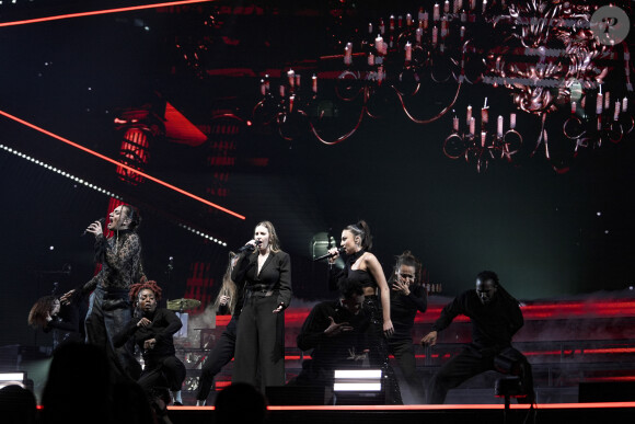 Djebril Slatni, Lénie Vacher et Héléna Bailly lors du concert de la Star Academy à Lyon, le 15/03/24. Photo Sandrine Thesillat / Panoramic