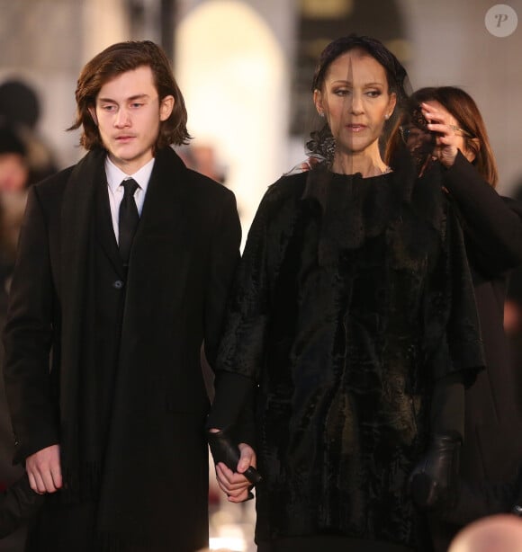 Céline Dion et son fils René-Charles Angélil, obsèques de René Angélil en la Basilique Notre-Dame de Montréal, le 22 janvier 2016.© Morgan Dessales/Bestimage