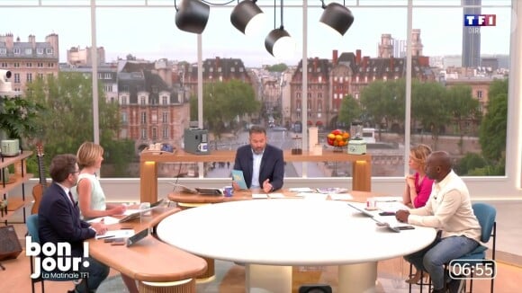 L'animateur Bruce Toussaint se charge d'accompagner le réveil des téléspectateurs de TF1 en compagnie d'une équipe de chroniqueurs
L'équipe de "Bonjour !"