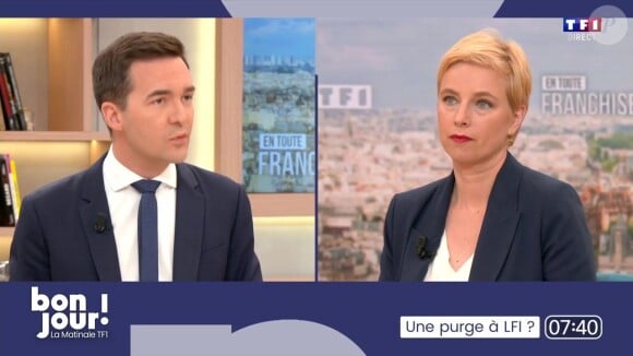 Face à Adrien Gindre, Clémentine Autain a avancé que le Rassemblement national était pour une hausse de la TVA
Adrien Gindre et Clémentine Autain sur le plateau de "Bonjour !"