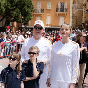 Princess Charlene of Monaco (La princesse Charlène de Monaco), Prince Albert II of Monaco (Le prince Albert II de Monaco), Prince Jacques of Monaco (Le prince Jacques de Monaco, marquis des Baux), Princess Gabriella of Monaco (La princesse Gabriella de Monaco, comtesse de Carladès) lors du relais de la Flamme Olympique des Jeux olympiques d'été de Paris 2024 à Monaco, le 18 juin 2024.