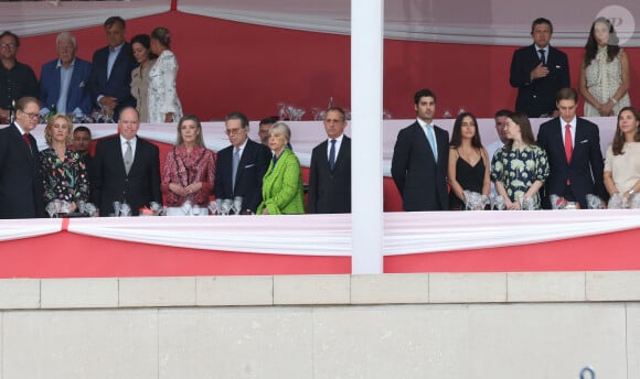 Le prince Albert II de Monaco, la princesse Caroline de Hanovre, Alexandra de Hanovre et son compagnon Ben-Sylvester Strautmann - Jumping international Monte Carlo, Longines Global Champions Tour à Monaco le 6 juillet 2024. © Claudia Albuquerque/Bestimage 