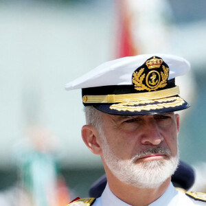 Le roi Felipe VI d'Espagne, la reine Letizia d'Espagne et la princesse héritière Leonor assistent à une cérémonie de nomination des nouveaux officiers de la marine, le 16 juillet 2024 à Marin, en Espagne. © Lalo Yasky/Bestimage