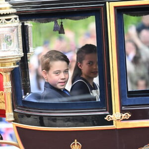 Le prince George de Galles et La princesse Charlotte de Galles - Les membres de la famille royale britannique lors de la parade Trooping the Color à Londres, Royaume Uni, le 15 juin 2024. © Backgrid UK/Bestimage 