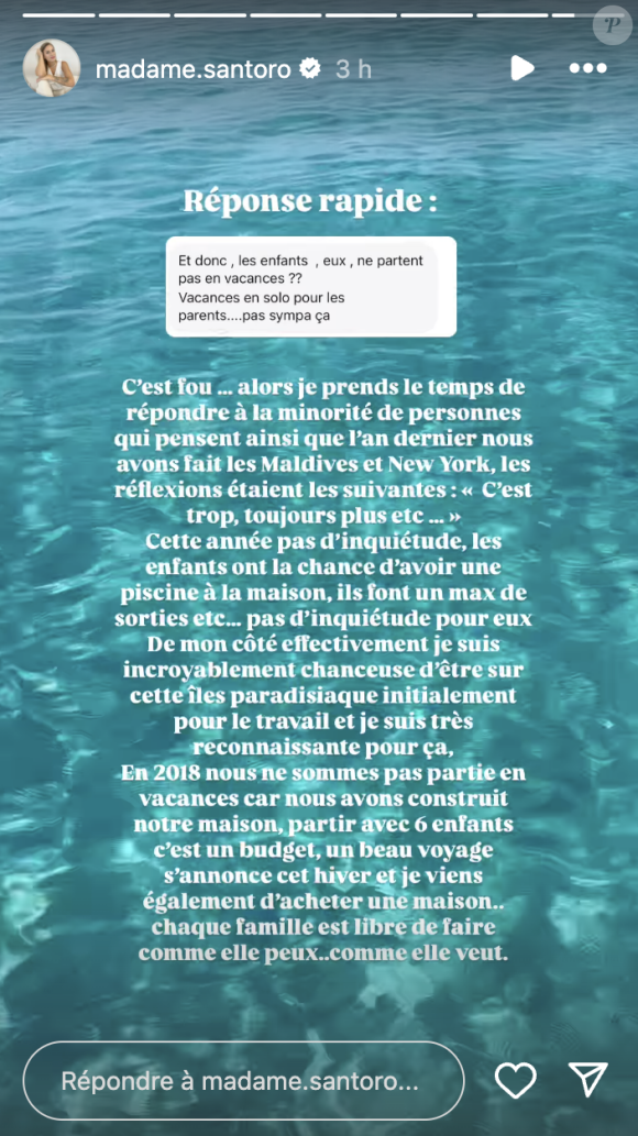 "Effectivement, je suis incroyablement chanceuse d'être sur cette île paradisiaque initialement pour le travail", a-t-elle confirmé
Camille Santoro (Familles nombreuses) sur Instagram