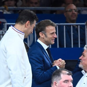 Emmanuel Macron ( French president ) , Tony Estanguet ( president JO 2024 ) , David Douillet and Stephane Nomis ( president FFJudo ) durant les épreuves de judo à l'Arena Champ de Mars le 27 juillet 2024 à Paris, France. © Federico Pestellini / DPPI / Panoramic / Bestimage