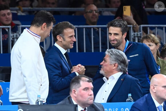 Emmanuel Macron ( French president ) , Tony Estanguet ( president JO 2024 ) , David Douillet and Stephane Nomis ( president FFJudo ) durant les épreuves de judo à l'Arena Champ de Mars le 27 juillet 2024 à Paris, France. © Federico Pestellini / DPPI / Panoramic / Bestimage