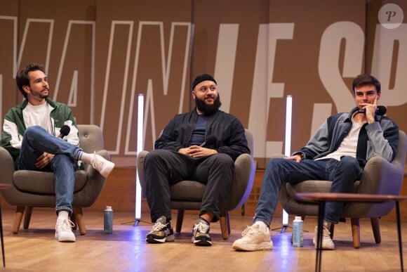 Pierre-Alexis Bizot (Domingo), Zack Nani (youtubeur et streameur) et Hugo Travers (HugoDécrypte) lors de la deuxième édition du festival "Demain le sport" organisé par France Info, L'Équipe et France Télévisions, à la Maison de la Radio et de la Musique à Paris, France, le 19 septembre 2023. © Pierre Perusseau/Bestimage