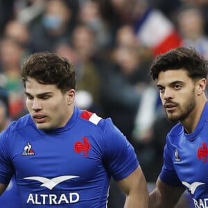 Essai Antoine Dupont (France) - Joie - Romain Ntamack (France) - Tournoi des 6 Nations "France - Irlande (30-24)" au stade de France, le 12 février 2022.