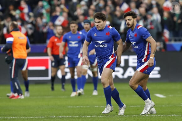 Essai Antoine Dupont (France) - Joie - Romain Ntamack (France) - Tournoi des 6 Nations "France - Irlande (30-24)" au stade de France, le 12 février 2022.