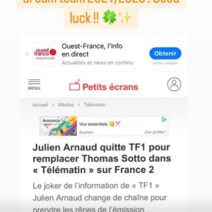 En story sur Instagram, Thomas Sotto a réagi.
Thomas Sotto réagit à l'arrivée de Julien Arnaud comme nouvel animateur dans "Télématin", sur Instagram le 26 août 2024.