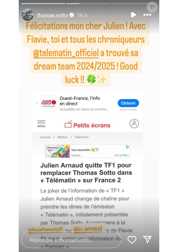 En story sur Instagram, Thomas Sotto a réagi.
Thomas Sotto réagit à l'arrivée de Julien Arnaud comme nouvel animateur dans "Télématin", sur Instagram le 26 août 2024.