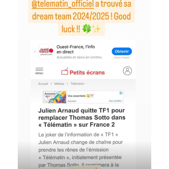 En story sur Instagram, Thomas Sotto a réagi.
Thomas Sotto réagit à l'arrivée de Julien Arnaud comme nouvel animateur dans "Télématin", sur Instagram le 26 août 2024.