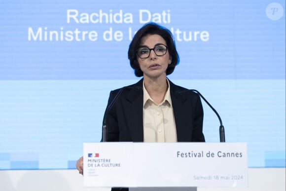 Rachida Dati (ministre de la culture) - Rachida Dati prononce un discours sur la défense du cinéma français sur la plage du CNC lors du 77ème Festival International du Film de Cannes le 18 mai 2024. © Olivier Borde/Bestimage