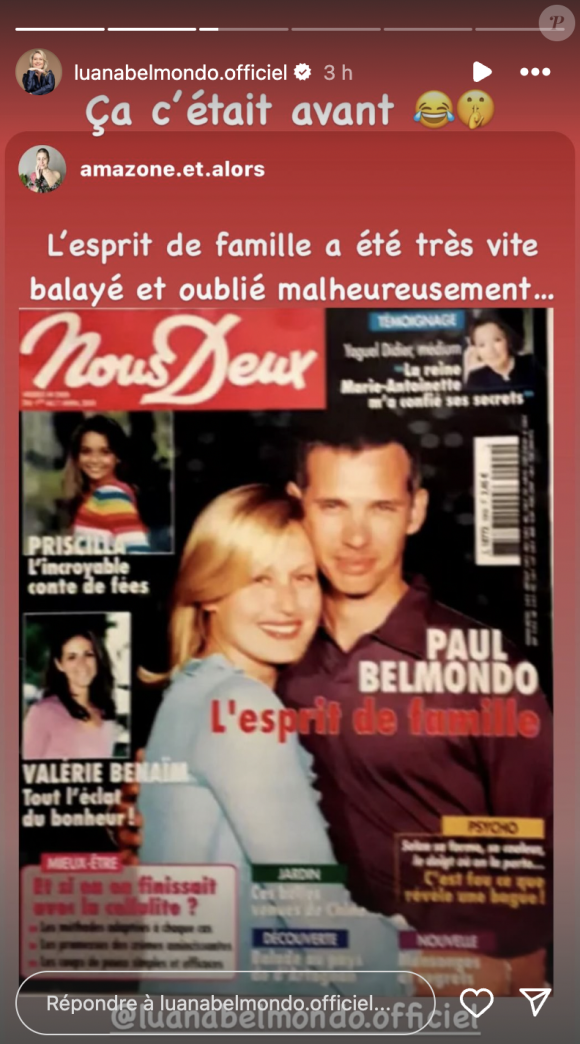 Sur Instagram, Luana Belmondo a partagé les mots d'une internaute qui a mis en ligne une ancienne Une du magazine Nous Deux
 