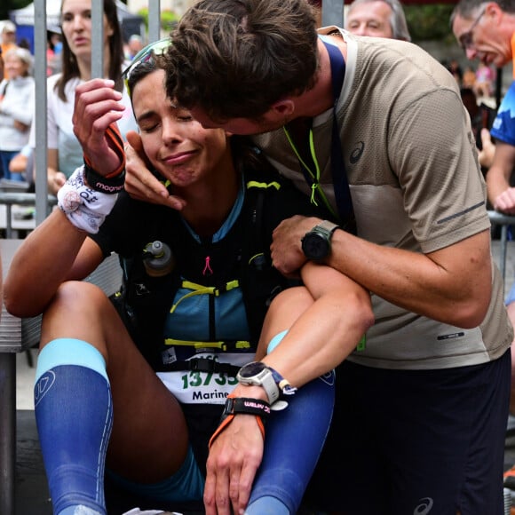 Exclusif - Marine Lorphelin (Miss France 2013) participe et finit la course MCC, 40 kms et 2300m de dénivelé positif, en marge de l'Ultra Trail du Mont Blanc (UTMB) à Chamonix le 26 août 2024. Son compagnon Stanislas Gruau l'a soutenu sur tout le parcours © Romain Doucelin / Bestimage 