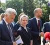 Boris Vallaud, Fabien Roussel, Lucie Castets, Manuel Bompard, Olivier Faure - Lucie Castets et les représentants du Nouveau Front Populaire (NFP) à la sortie d'un entretien avec le Président de la République à l'Elysée le 23 août 2024. © Christophe Clovis / Bestimage