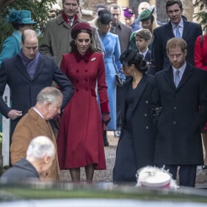 Le prince William, duc de Cambridge, Catherine Kate Middleton, la duchesse de Cambridge, Meghan Markle, duchesse de Sussex enceinte, le prince Harry La famille royale britannique se rend à la messe de Noël à l'église Sainte-Marie-Madeleine à Sandringham, le 25 décembre 2018. 