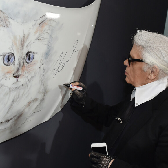 Le créateur de mode Karl Lagerfeld se tient à côté d'un dessin de son chat Birman lors du vernissage de son calendrier photo "Corsa Karl et Choupette" au Palazzo Italia à Berlin, Allemagne, le 3 février 2015. Pour le calendrier, Lagerfeld a pris des photos de sa chatte Choupette dans et à côté d'une voiture Opel. Photo par Jens Kalaene/DPA/ABACAPRESS.COM