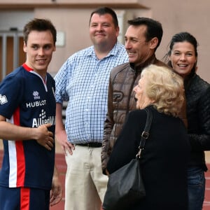 Louis Ducruet, le fils de la princesse Stéphanie de Monaco, encouragé par son père, Daniel Ducruet, sa compagne Kelly et sa grand mère Maguy Ducruet, participe au traditionnel match de football caritatif opposant l'A.S. Star Team for Children à l'Association Mondiale des Pilotes de F1, au stade Louis II le 24 mai 2016 à Monaco. Les Pilotes de F1 ont remporté le match sur le score de 3 à 1. © Bruno Bebert / Bestimage 