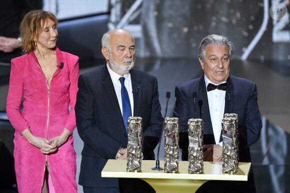 Un César spécial pour la troupe du Splendid, Marie-Anne Chazel, Gérard Jugnot, Christian Clavier, sur scène lors de la 46ème cérémonie des César à l'Olympia à Paris le 12 mars 2021. © Pierre Villard/ Pool / Bestimage 