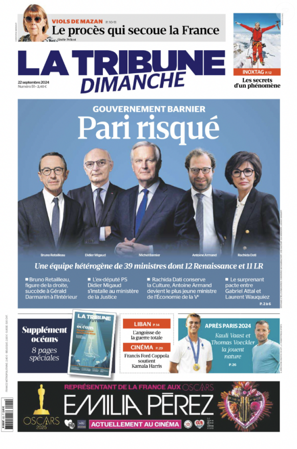 Une de La Tribune du Dimanche, du 22 septembre 2024