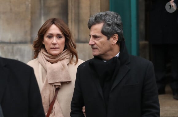 Daniela Lumbroso et son mari Eric Ghebali - Sorties des obsèques d'Hervé Bourges en l'église Saint-Eustache à Paris le 2 mars 2020. 