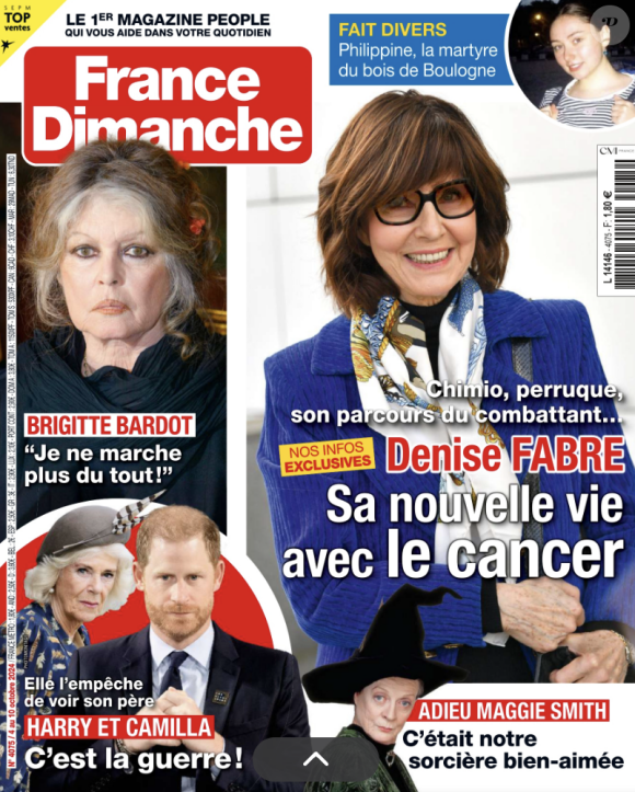 La maladie a touché sa famille, son gendre Dan Mcnamee ayant lutté contre le cancer du pancréas, mais il est maintenant en rémission après quatre ans de combat
Couverture du magazine de France Dimanche du 4 octobre 2024