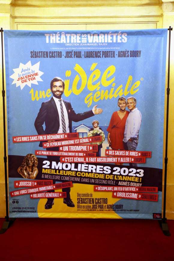 Exclusif - Illustration de l'affiche - Célébrités à la 600ème de la Pièce " Une idée géniale " au Théâtre des Variétés à Paris, France. Le 2 Octobre 2024. © Bertrand Rindoff / Bestimage 