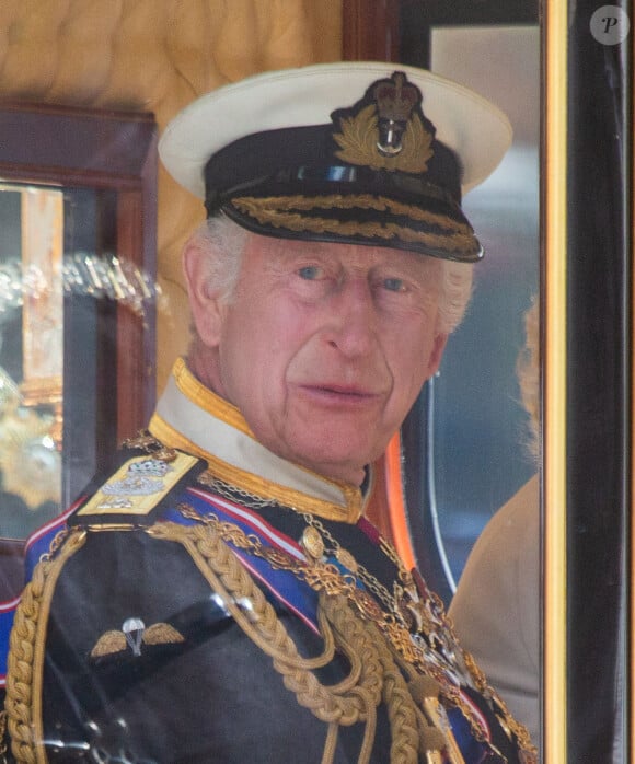 Le roi Charles III d'Angleterre arrive au Palais de Westminster avant l'ouverture officielle du Parlement britannique. Londres, le 17 juillet 2024. 