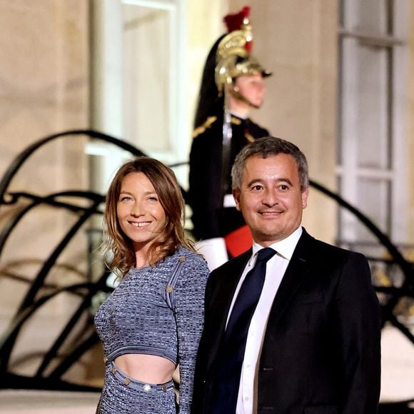 Gérald Darmanin et sa femme Rose-Marie Devillers arrivant au dîner d'état au palais de l'Elysée à Paris en l'honneur de la visite du roi et de la reine de Belgique en France le 14 octobre 2024. © Dominique Jacovides / Bestimage 