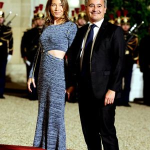 Gérald Darmanin et sa femme Rose-Marie Devillers arrivant au dîner d'état au palais de l'Elysée à Paris en l'honneur de la visite du roi et de la reine de Belgique en France le 14 octobre 2024. © Dominique Jacovides / Bestimage 