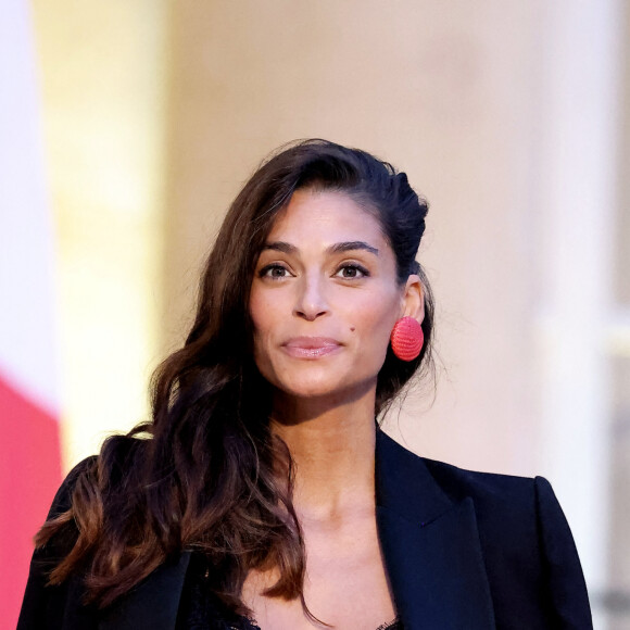 Tatiana Silva (enceinte, ancienne miss Belgique) arrivant au dîner d'état au palais de l'Elysée à Paris en l'honneur de la visite du roi et de la reine de Belgique en France le 14 octobre 2024. © Dominique Jacovides / Bestimage 