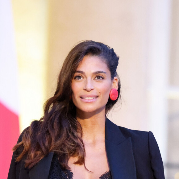 Tatiana Silva (enceinte, ancienne miss Belgique) arrivant au dîner d'état au palais de l'Elysée à Paris en l'honneur de la visite du roi et de la reine de Belgique en France le 14 octobre 2024. © Dominique Jacovides / Bestimage 