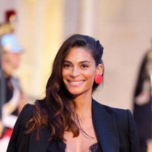 Tatiana Silva (enceinte, ancienne miss Belgique) arrivant au dîner d'état au palais de l'Elysée à Paris en l'honneur de la visite du roi et de la reine de Belgique en France le 14 octobre 2024. © Dominique Jacovides / Bestimage 