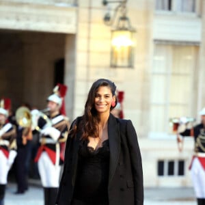 Tatiana Silva (enceinte, ancienne miss Belgique) arrivant au dîner d'état au palais de l'Elysée à Paris en l'honneur de la visite du roi et de la reine de Belgique en France le 14 octobre 2024. © Dominique Jacovides / Bestimage 