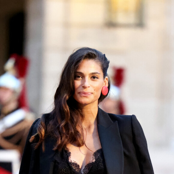 Tatiana Silva (enceinte, ancienne miss Belgique) arrivant au dîner d'état au palais de l'Elysée à Paris en l'honneur de la visite du roi et de la reine de Belgique en France le 14 octobre 2024. © Dominique Jacovides / Bestimage 