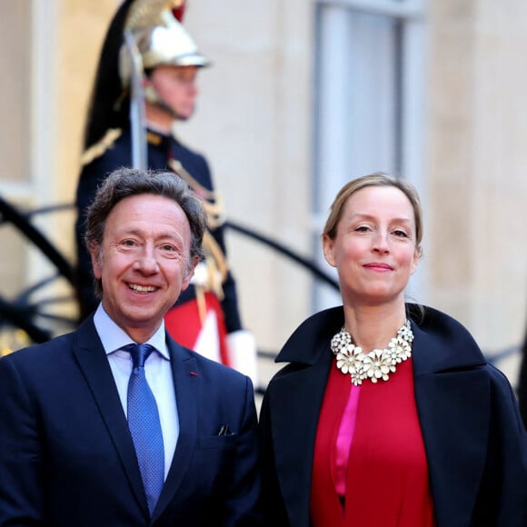 Stéphane Bern, Adelaïde de Clermont-Tonnerre et le designer Edouard Vermeulen arrivant au dîner d'état au palais de l'Elysée à Paris en l'honneur de la visite du roi et de la reine de Belgique en France le 14 octobre 2024. © Dominique Jacovides / Bestimage 