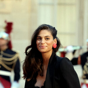 Tatiana Silva (enceinte, ancienne miss Belgique) arrivant au dîner d'état au palais de l'Elysée à Paris en l'honneur de la visite du roi et de la reine de Belgique en France le 14 octobre 2024. © Dominique Jacovides / Bestimage  Celebs Arrivals at the state dinner at the Elysée Palace in Paris in honour of the visit of the King and Queen of Belgium to France on october 14th 2024 