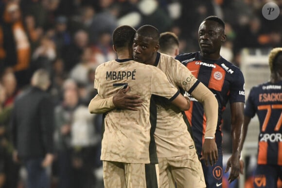 Kylian Mbappé (PSG), Nordi Mukiele (PSG) - Montpellier Herault SC vs. Paris Saint Germain pour la J26 de la Ligue 1 Uber Eats au Stade de la Mosson, le 17 mars 2024.