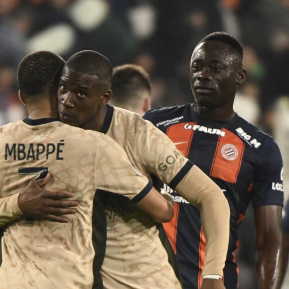 Kylian Mbappé (PSG), Nordi Mukiele (PSG) - Montpellier Herault SC vs. Paris Saint Germain pour la J26 de la Ligue 1 Uber Eats au Stade de la Mosson, le 17 mars 2024.