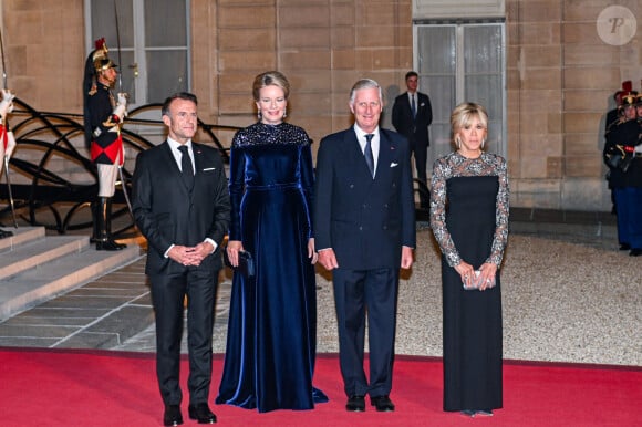 Le président Emmanuel Macron, Brigitte Macron, Le roi Philippe de Belgique, La reine Mathilde de Belgique lors du dîner d'état au palais de l'Elysée à Paris en l'honneur du couple royal de Belgique, en visite d'état à Paris le 14 octobre 2024. © Frédéric Andrieu / Bestimage 