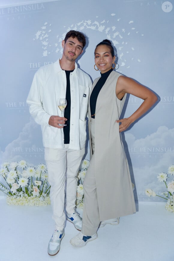 Exclusif - Vaimalama Chaves (Miss France 2019) et son fiancé Nicolas Fleury lors de l'ouverture du rooftop de l'hôtel The Peninsula Paris le 29 mai 2024. © Rachid Bellak / Bestimage 