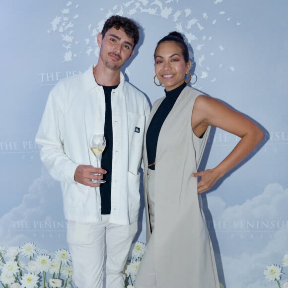 Exclusif - Vaimalama Chaves (Miss France 2019) et son fiancé Nicolas Fleury lors de l'ouverture du rooftop de l'hôtel The Peninsula Paris le 29 mai 2024. © Rachid Bellak / Bestimage 